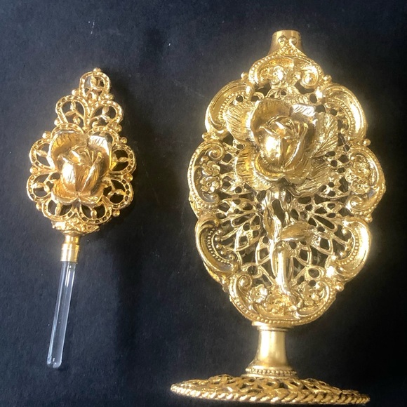Vintage 9.5” Gold Metal Ormolu Filigree Perfume Bottle Ornate Rose - Picture 8 of 11